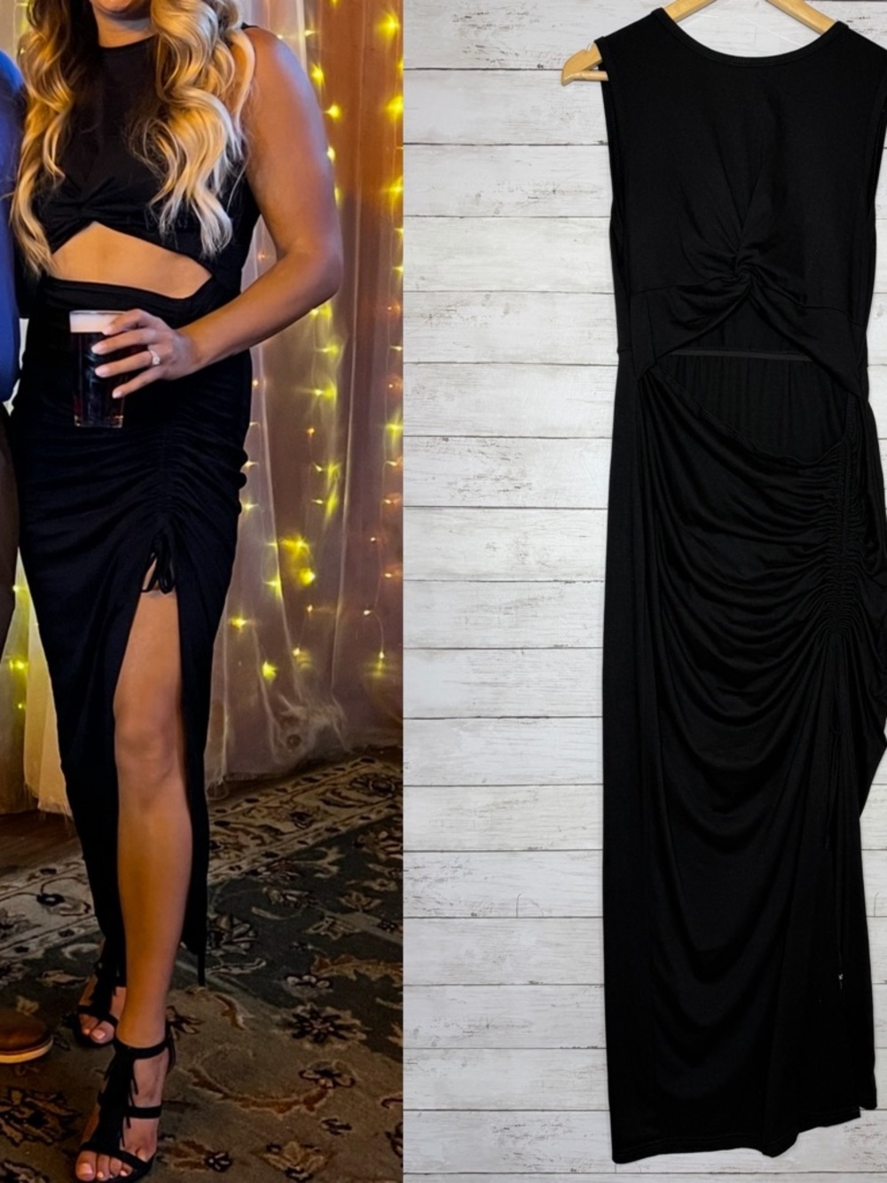 Black High Neck Cutout Waist Leg Slit Maxi Dress Size XL
